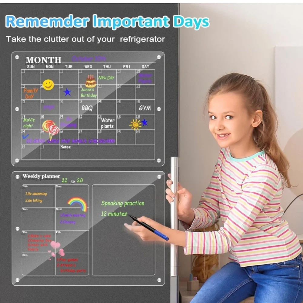 NEW! 2- Pack Dry Erase Acrylic Magnetic Fridge Calendars Monthly Weekly Reusable